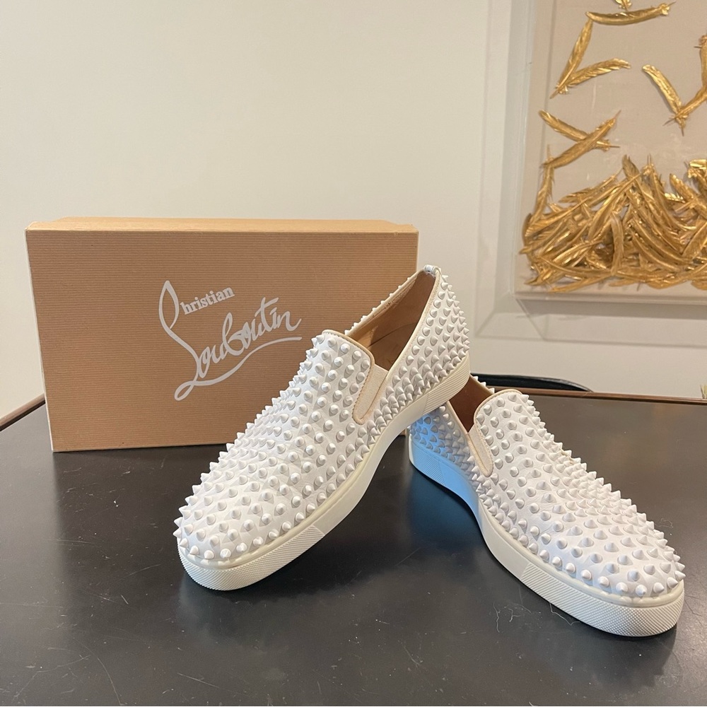 Christian Louboutin White Leather Roller Boat Spike Slip On Sneakers Size 43.5